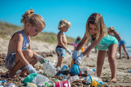 Children participate in a beach cleanup, enthusiastically picking up litter and plastic waste under a clear blue sky. Their efforts promote environmental awareness and community involvement.の素材