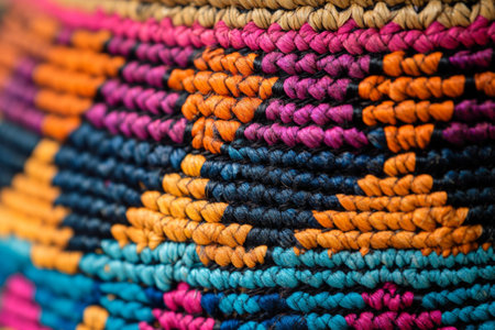 The close-up reveals a beautifully crafted handwoven basket featuring a rich array of colors and intricate patterns, reflecting skilled artistry and cultural heritage.の素材
