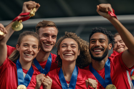 A diverse group of teammates rejoices as they hold their medals high, celebrating a hard-fought victory in a championship sports event, surrounded by a lively atmosphere filled with excitement.の素材