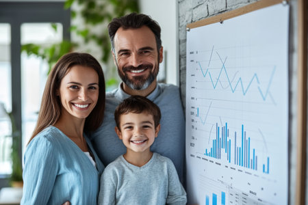 A family stands together, smiling proudly beside a chart that showcases their financial success. The atmosphere is joyful, reflecting their hard work and achievements.の素材