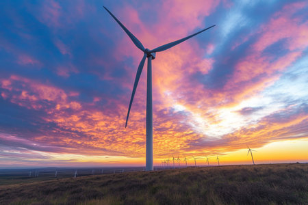 Witness a breathtaking sunrise illuminating a wind farm surrounded by colorful clouds. The tranquil landscape showcases the harmony of nature and renewable energy.の素材