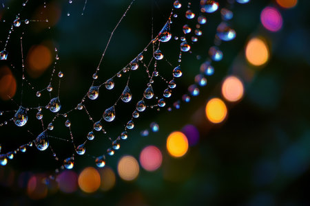 Intricate raindrops cling to a spiderweb, displaying vibrant reflections that shimmer against a dark background, captured in exquisite detail after a rain shower.の素材