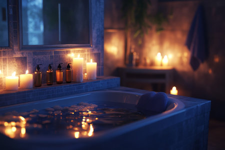 This luxurious bathroom showcases a serene soaking tub surrounded by lit candles and elegantly displayed essential oils. The soft glow creates a tranquil atmosphere ideal for relaxation.の素材
