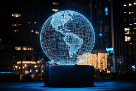 A striking wireframe globe sculpture radiates blue light against a dark urban backdrop, showcasing intricate grid lines. The artwork stands prominently in a lively city at night.の素材