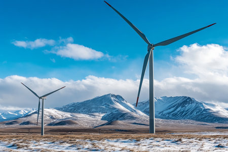 Two large wind turbines stand tall against a backdrop of majestic snowy mountains and a vibrant blue sky. This tranquil landscape highlights the blend of technology and nature.の素材