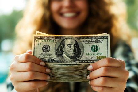 A person stands outdoors, holding a stack of cash with a bright smile. The warm lighting accentuates their confidence, creating a welcoming atmosphere.の素材