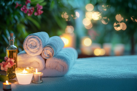 A tranquil spa setting features a massage table adorned with soft towels, glowing candles, and aromatic oils. The warm ambiance is enhanced by gentle lighting and lush greenery.の素材