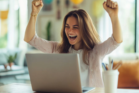 A woman expresses excitement and joy as she looks at her bank statement on her laptop. Her cheerful celebration takes place in a vibrant living space filled with light and color.の素材