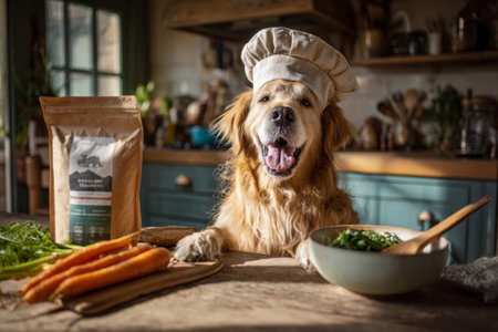 In a sunny kitchen, a cheerful dog wears a chefs hat at a rustic table. A bowl filled with fresh carrots, spinach, and chicken sits nearby, showcasing a fun cooking scene.の素材