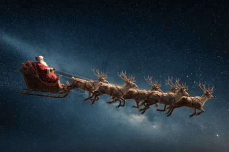 In a clear winter night sky, Santa Claus is joyfully flying in his sleigh, pulled by eight strong reindeer. Stars shine brightly, creating a magical holiday scene.の素材