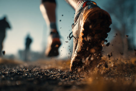 Close up view of a runners shoe pushing off the ground, flicking dirt and mud into the air. Background shows another person running. Bright sunny day captures the dynamic moment.の素材