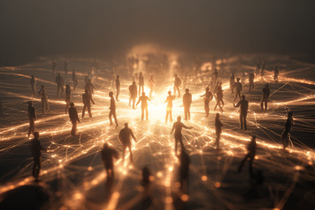A diverse group of people gathers around a dynamic web of glowing light, illustrating strong digital connections. The warm ambiance creates a friendly and inviting atmosphere.の素材
