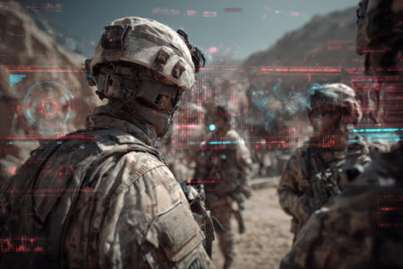 At a US military training base in the desert, soldiers engage with monitors displaying cyber threat visuals. An AI interface detects disinformation patterns while responding to digital challenges.の素材