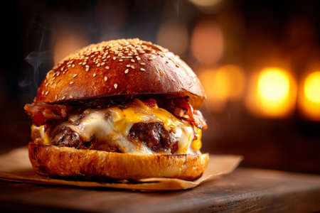 A gourmet burger is being unwrapped, revealing a toasted sesame bun topped with melted cheese and crispy bacon. The warm light creates an inviting atmosphere, enhancing the indulgent scene.の素材