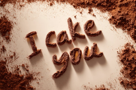 A whimsical message I cake you is formed by the absence of cocoa powder on a white surface, surrounded by scattered chocolate powder, illuminated by warm light.の素材
