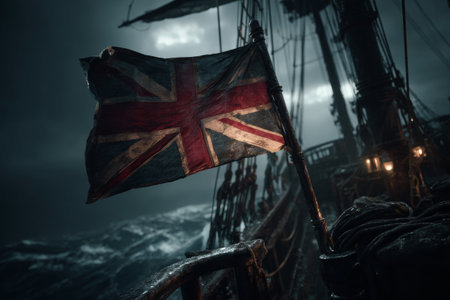 A weathered wooden ship displays a British flag fluttering in the wind at night. Dim lighting highlights the dark, stormy sea and moody atmosphere, creating a dramatic scene.の素材