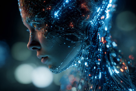 This ultra-detailed portrait features a humanoid robot covered in intricate glowing neural lines.の素材