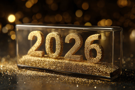 This artwork features a partially filled gold glitter progress bar showing the loading of the upcoming new year 2026, enhanced by a festive sparkling bokeh backdrop.の素材