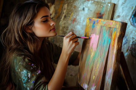 A woman is focused on painting a wooden chair using a brush and pastel hues. The artistic environment is filled with colorful splashes, showing her creativity and dedication.の素材