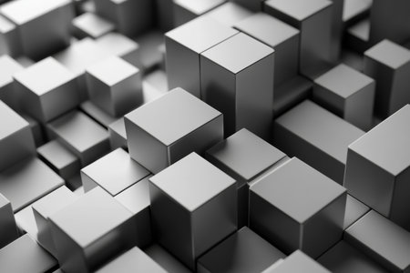 A complex arrangement of abstract 3D cubes showcases intricate patterns in various monochromatic shades. The futuristic design emphasizes depth and modern aesthetics, drawing the viewer in.の素材