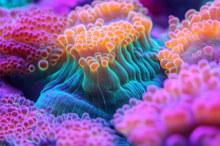 Explore an intricate design featuring coral-like formations with vivid hues blending harmoniously. This organic pattern captivates with its detailed textures and vibrant color palette.の素材