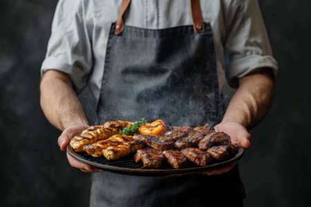 A barbecue chef, dressed in an apron, showcases a beautifully arranged platter filled with various grilled meats. The smoke rises gently, enhancing the mouthwatering appeal of the food.の素材