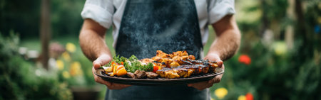 A barbecue chef wearing an apron proudly presents a platter filled with grilled meats and vegetables in a garden filled with colorful flowers, perfect for summer gatherings.の素材