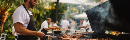 Chefs compete in a lively barbecue competition, expertly grilling a variety of meats over open flames in a beautiful outdoor venue. The atmosphere is filled with smoke and energy.の素材