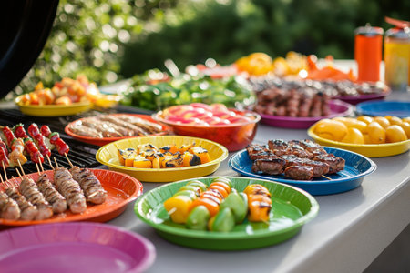 Festive barbecue gathering features a vibrant array of colorful plates filled with delicious grilled meats, veggies, and fresh salads, all arranged outdoors for a joyful celebration.の素材