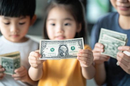 Children engage in a hands-on budgeting lesson with their parents, eagerly holding dollar bills and learning about managing finances in a supportive environment.の素材