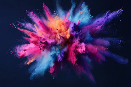 A burst of brightly colored powder erupts in dynamic motion, showcasing rich shades of blue, pink, purple, and orange against a dark backdrop, creating a stunning visual experience.の素材