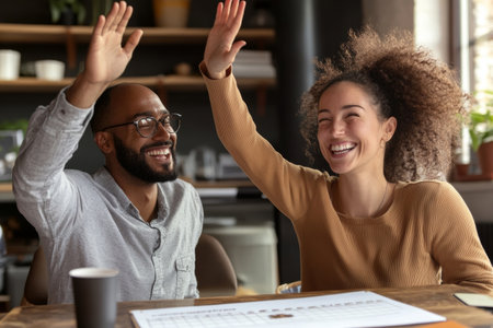 A joyful couple sits in a bright home office, high-fiving each other with smiles after successfully completing their savings goal chart. Their excitement fills the space with positivity.の素材