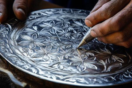 An artisan applies precision to engrave intricate floral patterns on a glaming metal plate, showcasing skillful craftsmanship and artistry during daylight hours.の素材
