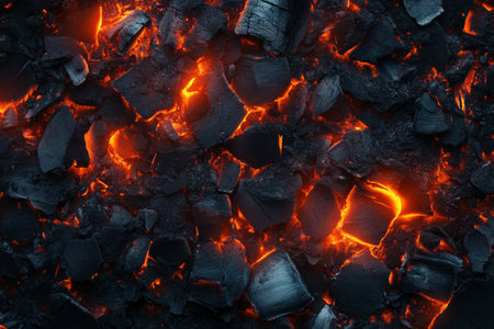 A close-up view showcases glowing embers and dark ashes, radiating warm orange and red hues. This natural texture evokes the warmth of a dying fire, creating an inviting atmosphere.の素材