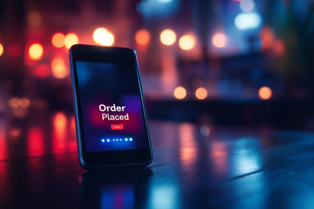 A bright smartphone screen shows an order placed notification amidst a dark setting filled with colorful, blurred lights. The focus emphasizes modern technology in nightlife.の素材