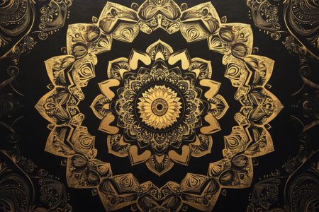 An elaborate mandala design showcases intricate patterns in rich golden tones against a deep black backdrop. This striking artwork captivates with its detailed craftsmanship and visual depth.の素材