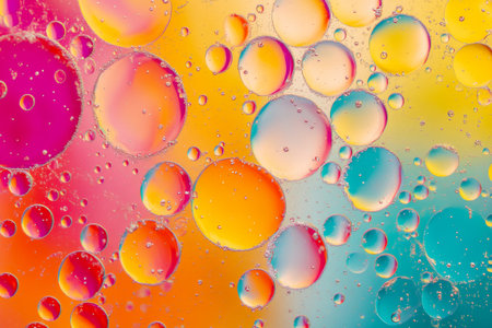 Colorful oil bubbles float in water, forming intricate abstract patterns. The vibrant hues mix seamlessly, creating a stunning visual display. With copy space for text.の素材