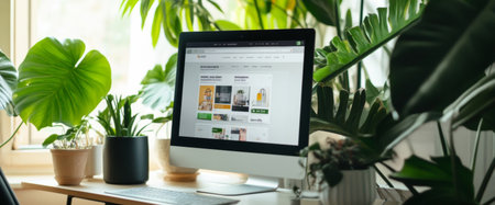 A simplified workspace displays a computer screen with an online shopping site open, complemented by vibrant potted plants in the background, enhancing the serene atmosphere.の素材