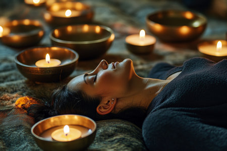 A person lies comfortably during a sound bath session surrounded by glowing candles and singing bowls, inviting tranquility and introspection. The warm ambiance enhances relaxation.の素材