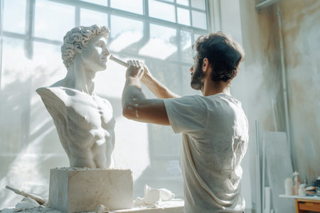 A sculptor focuses intently on chiseling a statue in a spacious, sunlit studio. The environment is airy, enhancing the intricate details of the emerging artwork.の素材