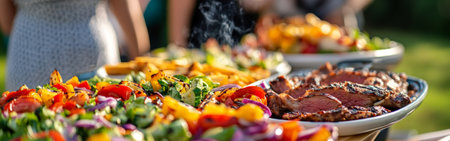 Guests enjoy a lively summer barbecue party featuring an array of colorful salads and perfectly grilled meats. The atmosphere is cheerful, with food sizzling on the grill.の素材