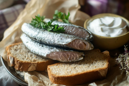 Savor the delightful combination of tangy pickled herring served on slices of fresh rye bread alongside a creamy bowl of sour cream.の素材