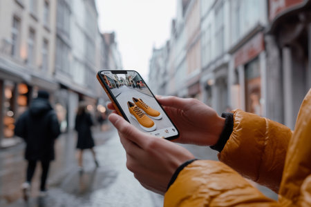 An urban millennial examines a sleek shoe design on a smartphone app while standing in a fashionable street during a rainy day. The setting reflects a modern, trendy vibe.の素材