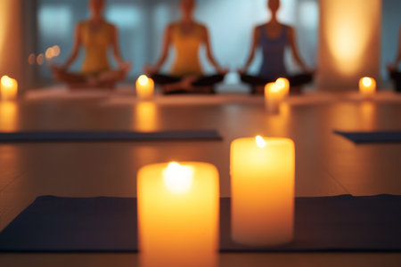 Participants enjoy a serene yoga class in a candlelit studio, engaging in relaxation poses designed to promote mindfulness, tranquility, and inner peace during evening practice.の素材