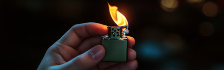 A hand grips a lighter, showcasing a small flame flickering brightly. The dark backdrop emphasizes the light, creating a dramatic contrast. The moment captures warmth and focus.の素材
