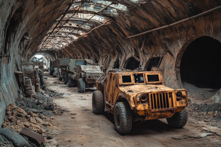 This location features a deserted military base showing decaying vehicles and empty bunkers. Rust and neglect embody the remnants of past military activities in this haunting landscape.の素材