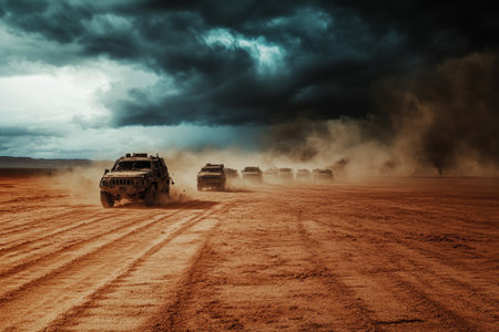 A convoy of off-road vehicles drives through a desolate desert landscape as dark storm clouds gather overhead. Dust swirls around the vehicles, signaling an impending change in weather.の素材