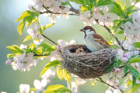 Sparrows are actively constructing a nest in a blooming tree, surrounded by fresh pink blossoms, symbolizing the renewal of spring and new beginnings.の素材
