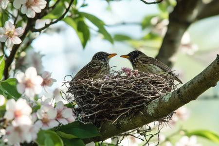 In a vibrant spring setting, two birds work together to build a nest among blooming branches, surrounded by delicate flowers and fresh greenery, showing the essence of renewal.の素材