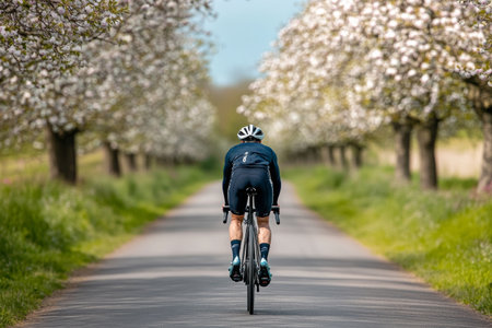 A cyclist navigates a serene countryside road, surrounded by blooming trees that frame the path. Sunlight filters through the foliage, creating a tranquil atmosphere on this spring day.の素材